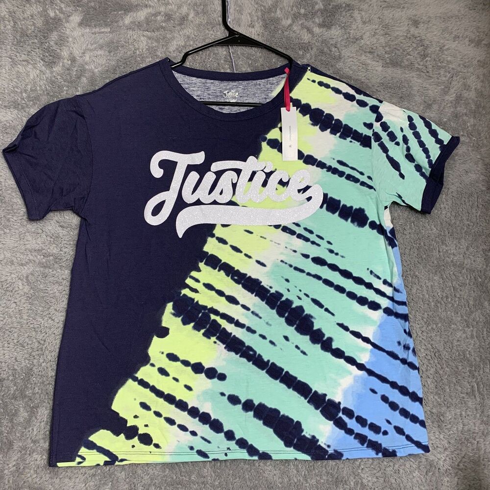Justice Graphic T-Shirt‎ Girls XL Plus Navy Blue Tie Dye Glitter Logo 302213